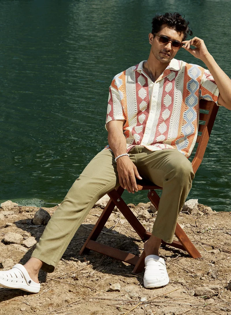 كامبوس سوترا Men's Tangerine Orange & Crimson Red Geometric Block Oversized Shirt