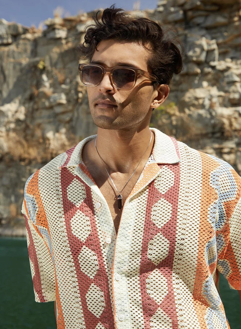 كامبوس سوترا Men's Tangerine Orange & Crimson Red Geometric Block Oversized Shirt
