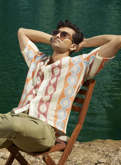 كامبوس سوترا Men's Tangerine Orange & Crimson Red Geometric Block Oversized Shirt