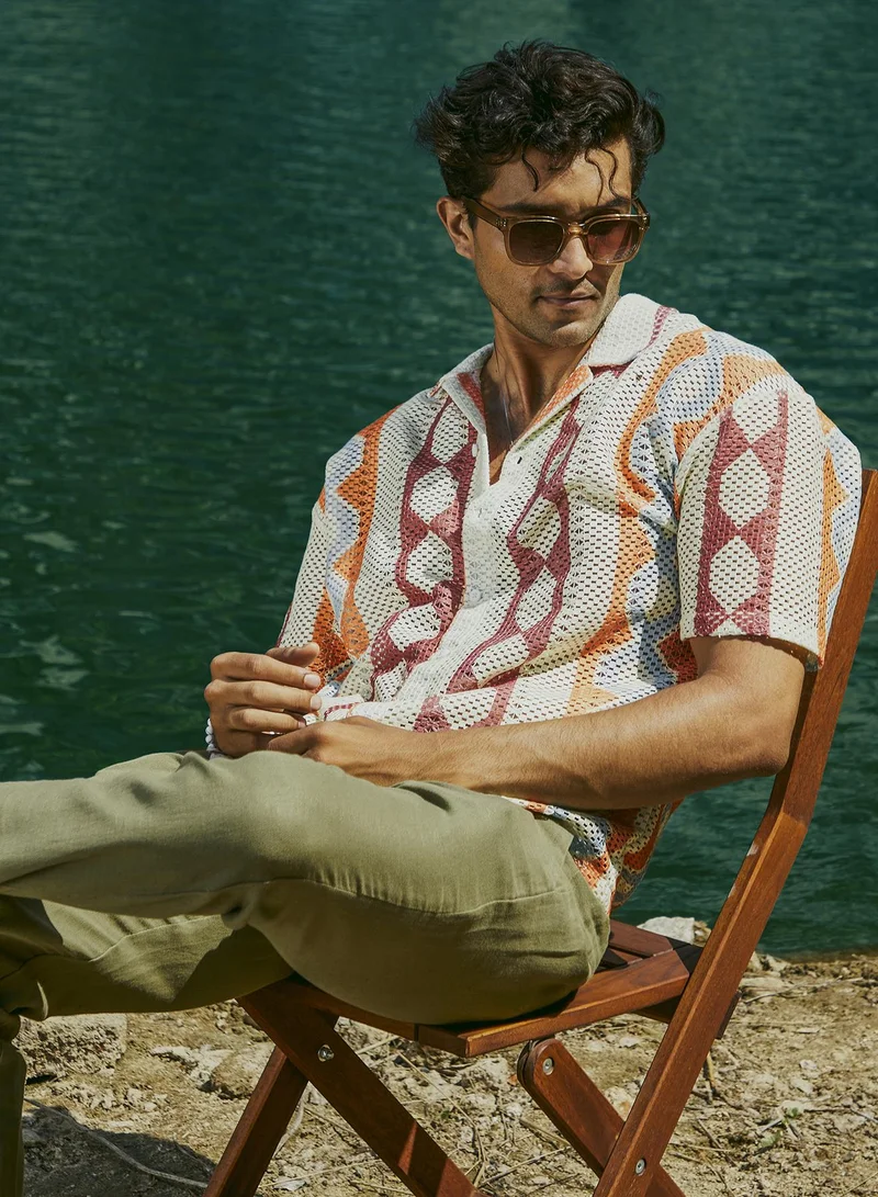 كامبوس سوترا Men's Tangerine Orange & Crimson Red Geometric Block Oversized Shirt