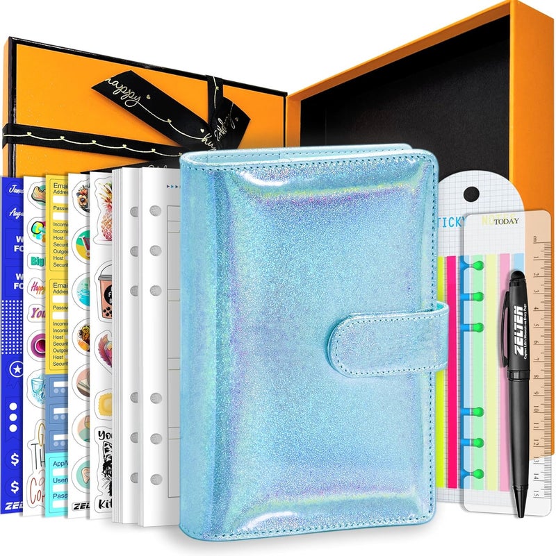 Zelten PU Leather Personal Notebook Planner with 67 Pages Loose-Leaf Papers 6 Holes Ring Binder Pen Holder Magnetic Buckle (Indigo Glitter,A6 Gift Box) - Image 1