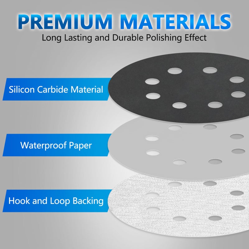 Vibra-TITE 70 Pieces Wet Dry Sanding Discs, VIBRATITE 5 Inch 8 Holes Hook and Loop Sandpaper 400/600/800/1000/1500/2000/3000 Assortment Grits for Orbital Sander Automotive Wood Metal Plastic Sanding Polishing - Image 4