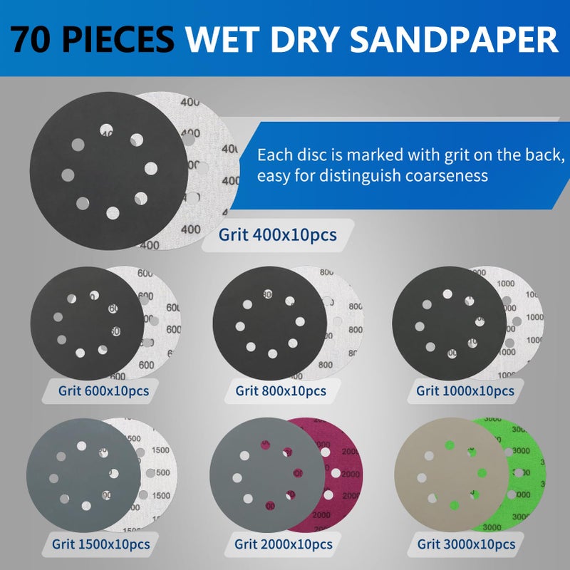 Vibra-TITE 70 Pieces Wet Dry Sanding Discs, VIBRATITE 5 Inch 8 Holes Hook and Loop Sandpaper 400/600/800/1000/1500/2000/3000 Assortment Grits for Orbital Sander Automotive Wood Metal Plastic Sanding Polishing - Image 3