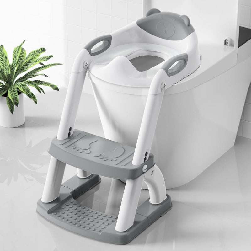 SKYROKU SKYROKU Potty Training Toilet, New Sector-Shape Stabilized Base two in one Toddler Toilet Seat with Splash Guard, Anti Slip Pad, and Step Stool Enamel Grey  - Image 1