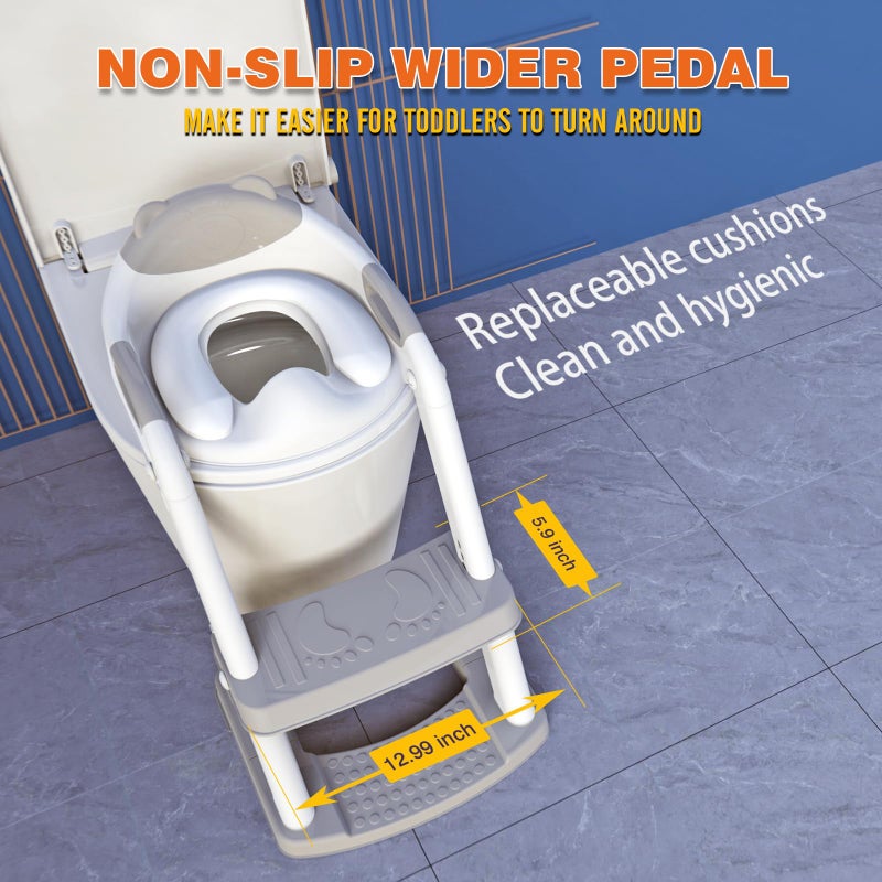 SKYROKU كرسي تدريب الأطفال على المرحاض SKYROKU، قاعدة مستقرة على شكل قطاع جديدة، كرسي مرحاض للأطفال 2 في 1 مع واقي رذاذ، وسادة مضادة للانزلاق، وسلّم، رمادي لامع - Image 5