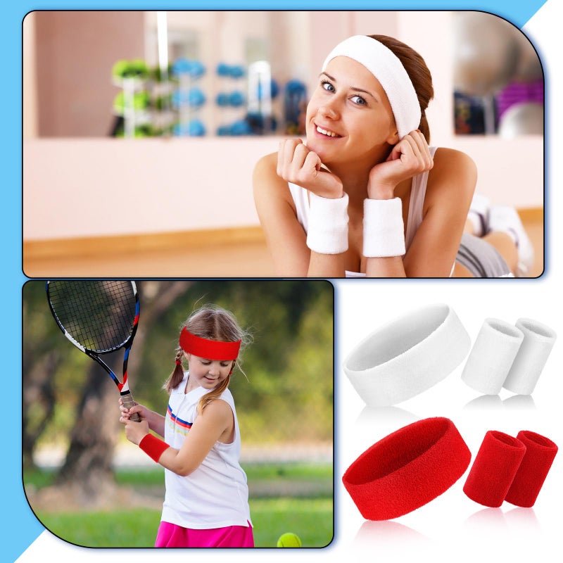 Hungdao 6 Set Colorful Athletic Headband Wristband Set for Sports - Sweat Absorbing Head & Wrist Bands for Girl Boy Women Men Basketball Workout (Red White Blue) - Image 3