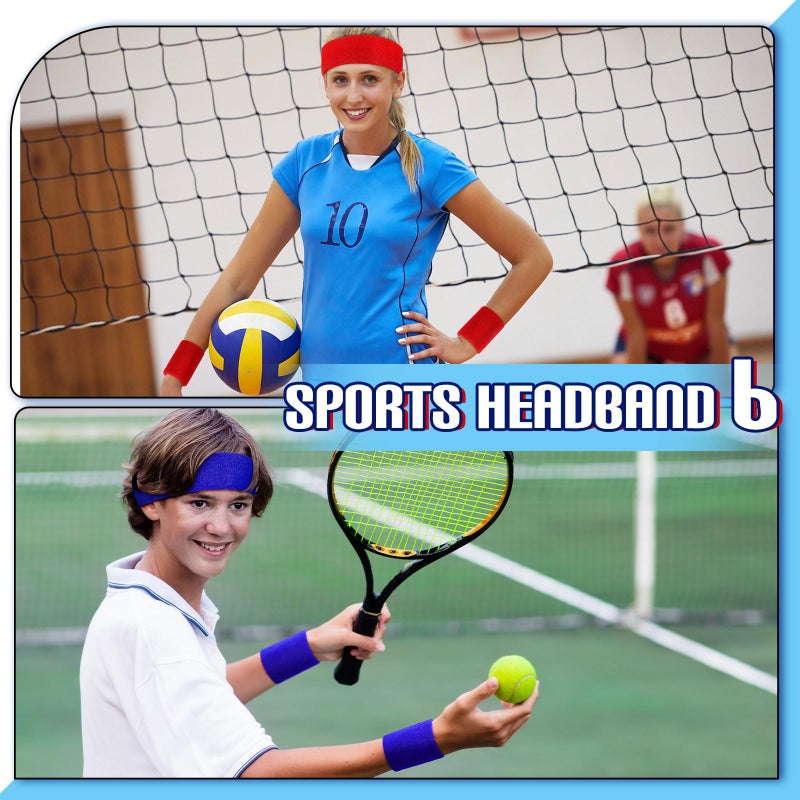 Hungdao 6 Set Colorful Athletic Headband Wristband Set for Sports - Sweat Absorbing Head & Wrist Bands for Girl Boy Women Men Basketball Workout (Red White Blue) - Image 4