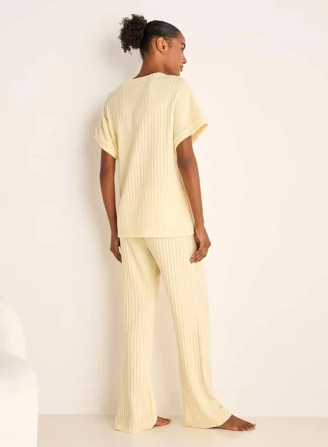 Splash FAV Ribbed V-neck Top and Elasticated Pyjama Set