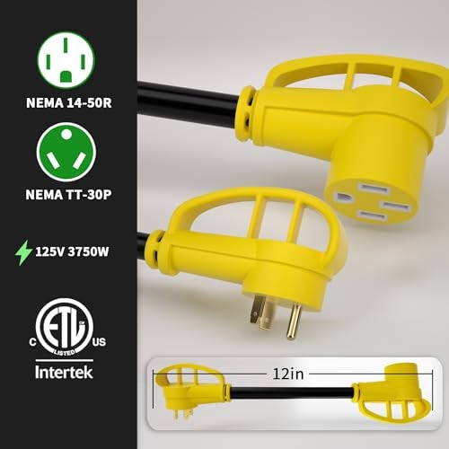 POWGRN 30 Amp to 50 Amp RV Adapter 12 inch, Heavy Duty 10/3 Gauge RV Electrical Adapter, NEMA TT-30P Male to NEMA 14-50R Female, STW 10AWG 30A 125V 3750W, Black-Yellow, ETL Listed - Image 2