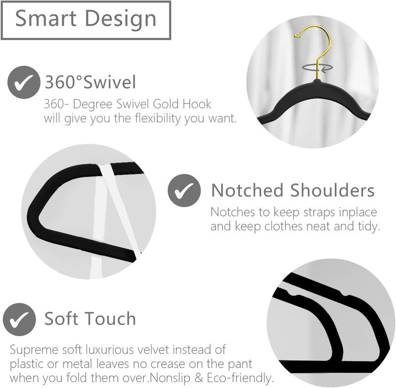 MIZGI Premium Velvet Hangers Pack 30 Pcs Heavyduty - Non Slip Slimline - Velvet Suit Hangers Black - Gold Hooks,Space Saving Clothes Hangers - Image 3