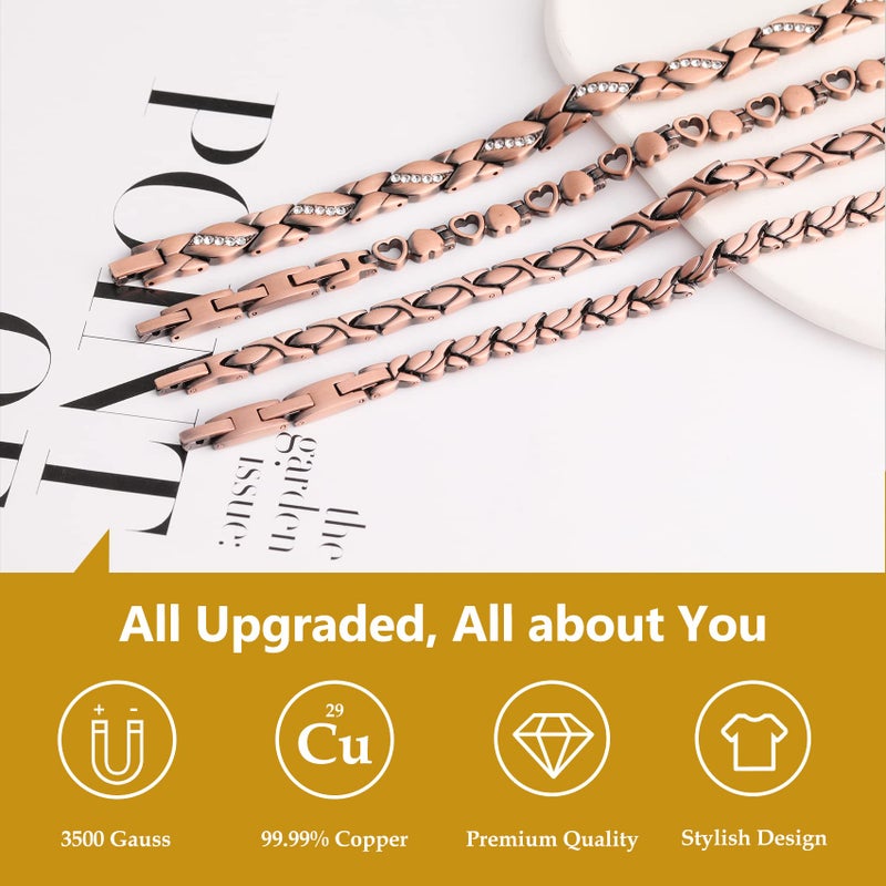 Feraco Copper Bracelet for Women 99.99% Solid Copper Magnetic Bracelets, Unique X Shape Links, Magnetic Field Therapy Jewelry Gifts (Heart Shape) - Image 3