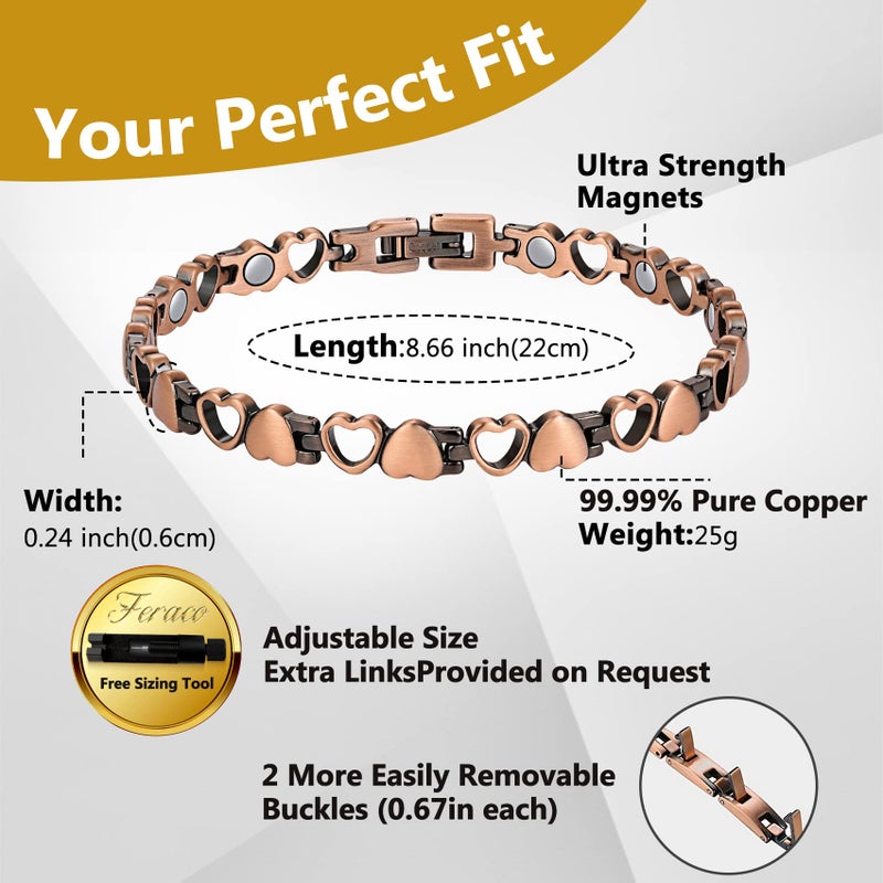 Feraco Copper Bracelet for Women 99.99% Solid Copper Magnetic Bracelets, Unique X Shape Links, Magnetic Field Therapy Jewelry Gifts (Heart Shape) - Image 2