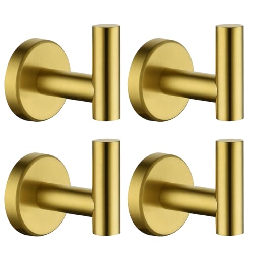JQK Bathroom Towel Hook Brushed Gold, Brass Coat Robe Clothes Hook for Bathroom Kitchen Garage Wall Mounted (Pack of 4), SUS 304 Stainless Steel 0.8mm, TH100-BG-P4 - Image 1