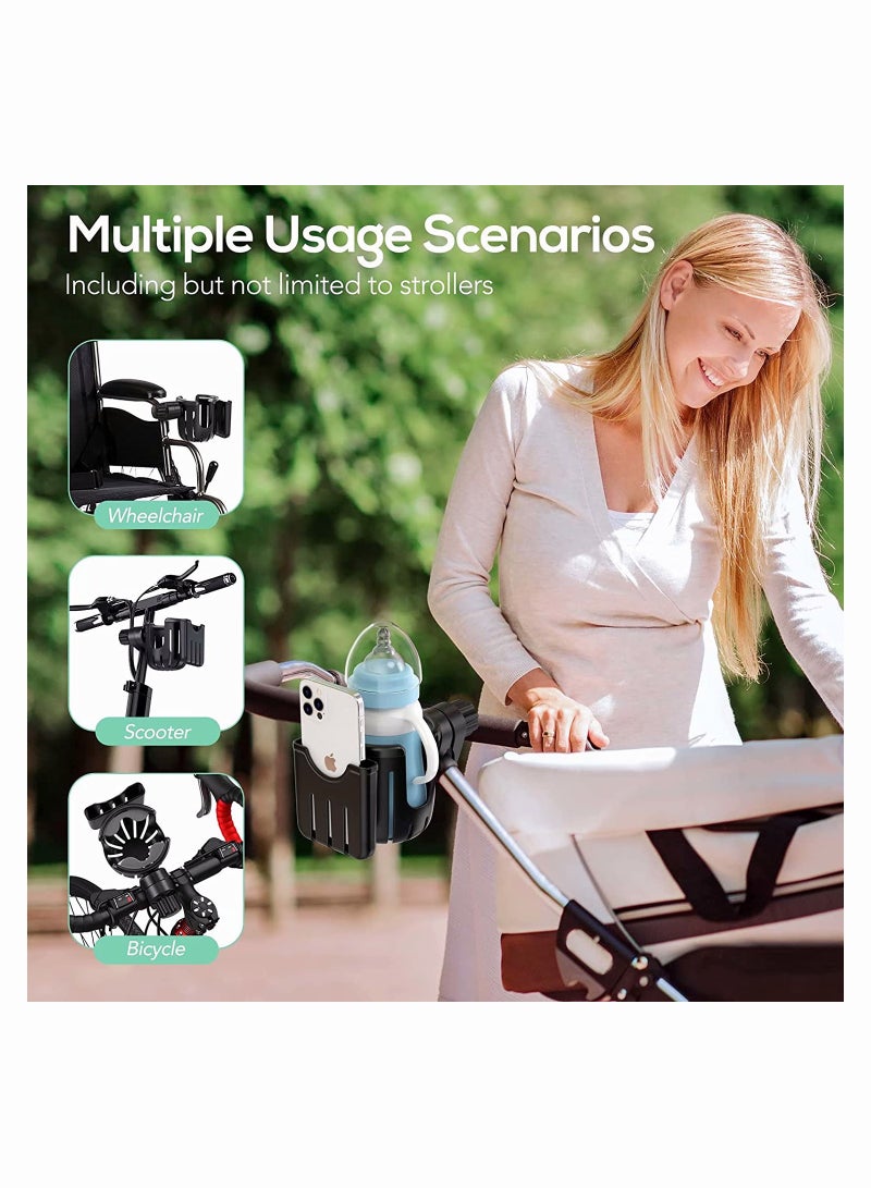 Upgraded 2-in-1 Cup Holder with Phone Holder, Universal Design for Strollers, Bikes, Wheelchairs, and Scooters, 360-Degree Rotation, Large Capacity Drink Holder - Image 2