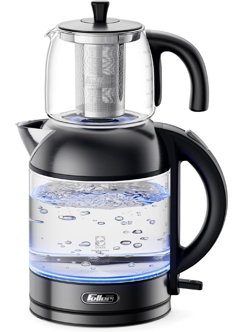 Feller Germany TS289 2-in-1 Tea Maker, 2L German Schott Glass Kettle + 1L Teapot, 2200W Strix Control, Keep Warm, BPA Free, Stainless Steel Filter (Platinum) - Image 1