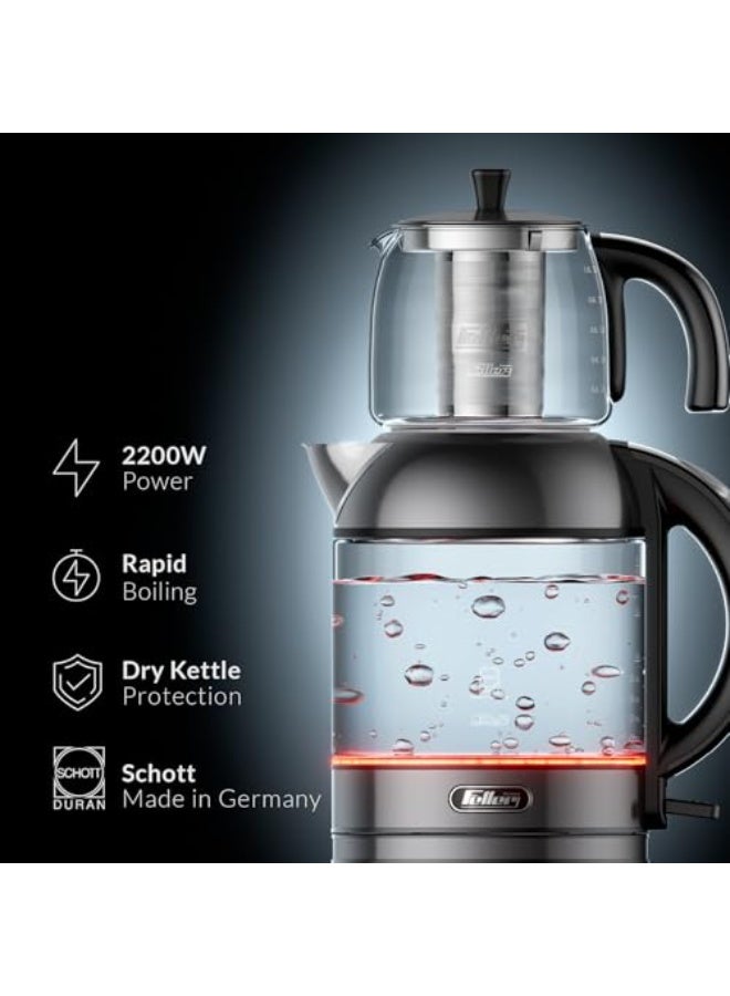 Feller Germany TS289 2-in-1 Tea Maker, 2L German Schott Glass Kettle + 1L Teapot, 2200W Strix Control, Keep Warm, BPA Free, Stainless Steel Filter (Platinum) - Image 2