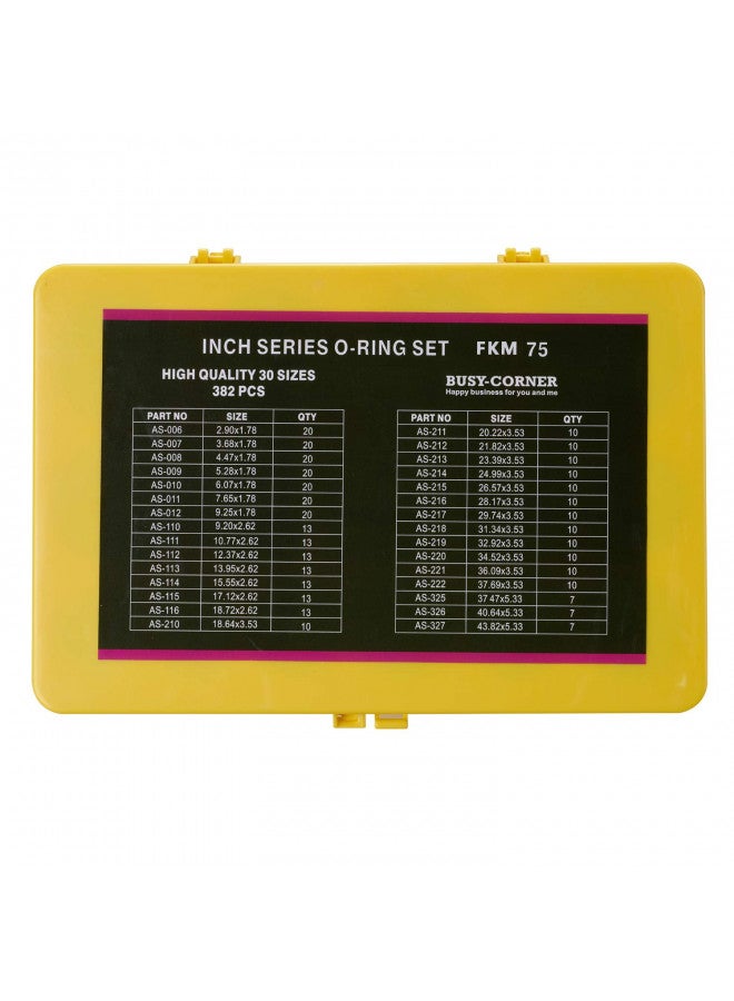 BUSY-CORNER BUSY-CORNER 382 Pieces FKM O Ring Kit, Fluorocarbon 75A, 30 Inch Sizes, Chemical Resistant and Oil Resistance O-Rings for Various Chemicals, Hydraulic, Cylinders, Plumbing (Yellow Box, Brown Orings)  - Image 1