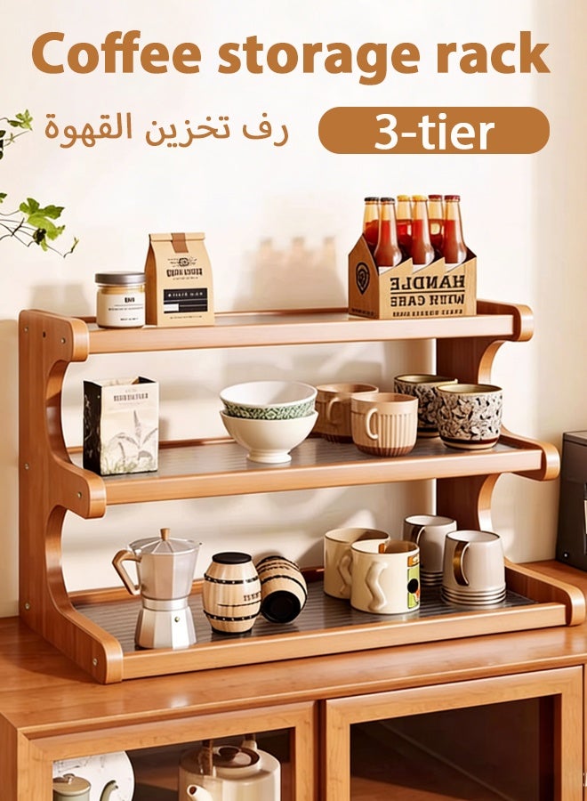 لوكيبا حامل أكواب قهوة بثلاثة أرفف - منظم ركن قهوة من الخيزران والأكريليك مع خطافات، رف أكواب لأسطح المطبخ، ملحقات ركن الشاي، حامل ماتشا، رف تخزين التوابل - Image 1