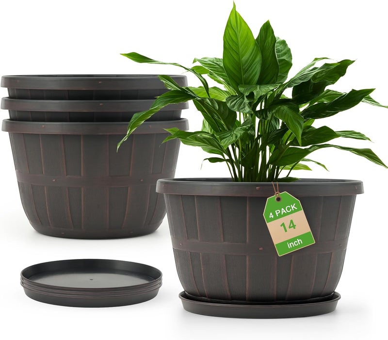 Quarut 14 Inch Plastic-Flower-Pot-for-Indoor-Plants, 4 Pack Large Outdoor Planter Pot with Drainage Holes & Saucers, Resin Decorative Garden Pots Planters（Brown） - Image 1