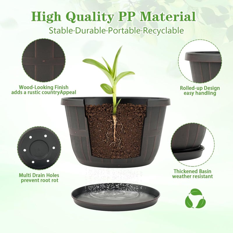 Quarut 14 Inch Plastic-Flower-Pot-for-Indoor-Plants, 4 Pack Large Outdoor Planter Pot with Drainage Holes & Saucers, Resin Decorative Garden Pots Planters（Brown） - Image 2