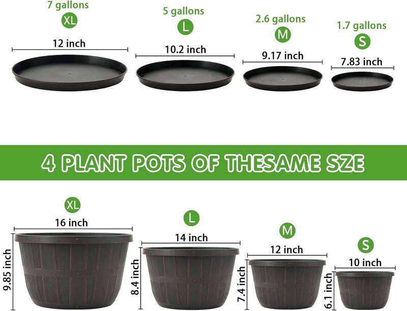 Quarut 14 Inch Plastic-Flower-Pot-for-Indoor-Plants, 4 Pack Large Outdoor Planter Pot with Drainage Holes & Saucers, Resin Decorative Garden Pots Planters（Brown） - Image 3