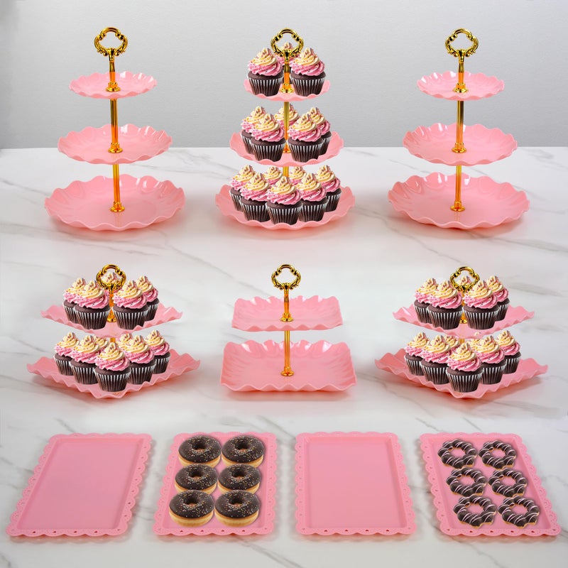 NWK Pack of 10 NWK Cake Stand Set, with 3 x Two-Tier and 3 x Three-Tier Cupcake Stands, 4 x Appetizer Trays, 1 x Tablecloth for Birthday Bridal Baby Shower Party (Pink) - Image 1