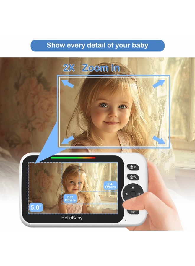 Hellobaby HB6352 No WiFi Baby Monitor 5" Screen 30-Hour Battery Pan-Tilt-Zoom Video Upgrade with Camera and Audio, Night Vision, VOX, 2-Way Talk, 8 Lullabies and 1000ft Range - Image 5