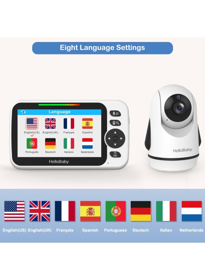 Hellobaby HB6352 No WiFi Baby Monitor 5" Screen 30-Hour Battery Pan-Tilt-Zoom Video Upgrade with Camera and Audio, Night Vision, VOX, 2-Way Talk, 8 Lullabies and 1000ft Range - Image 3