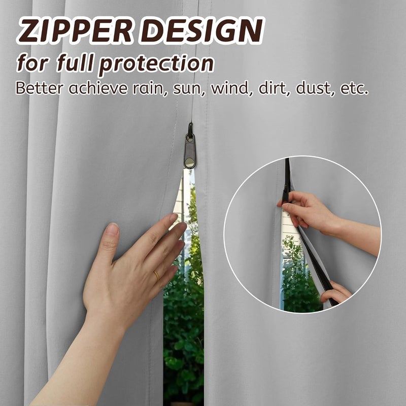 Arfntevss Outdoor Curtains for Patio Waterproof 2 Panels Blackout Curtain 84 inch Long with Zipper Top & Bottom Grommet Sun Blocking Outdoor Privacy Drape for Gazebo Porch Pergola (54x84, Light Gray) - Image 2