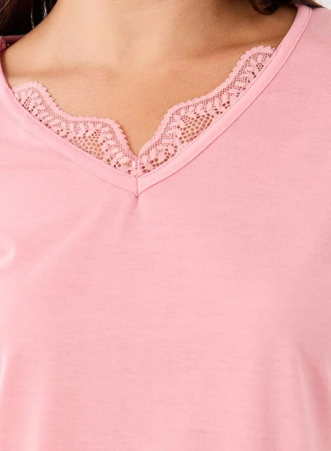 ستايلي Styli Lace Insert V Neck T-Shirt and Lemon Print Pyjama Set