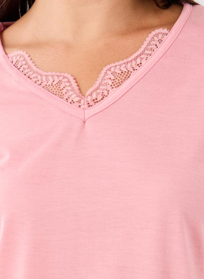Styli Lace Insert V Neck T-Shirt and Lemon Print Pyjama Set - Image 3