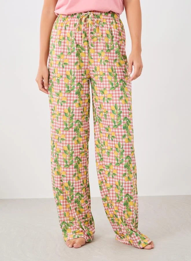 ستايلي Styli Lace Insert V Neck T-Shirt and Lemon Print Pyjama Set