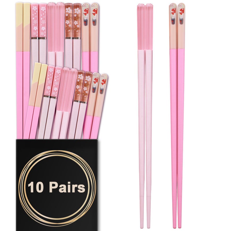 GLAMFIELDS Chopsticks Reusable Dishwasher Safe GLAMFIELDS 10 Pairs 95 Inches Premium Fiberglass Chop Sticks Set for Sushi Ramen Asian Cuisine Nonslip Pink