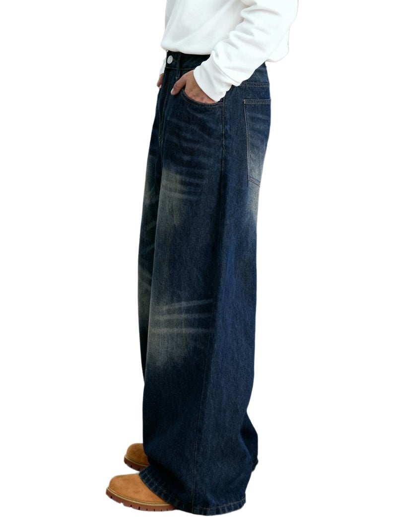 Men's Loose Wide-Leg Washed Denim Casual Sports Jeans - Image 1