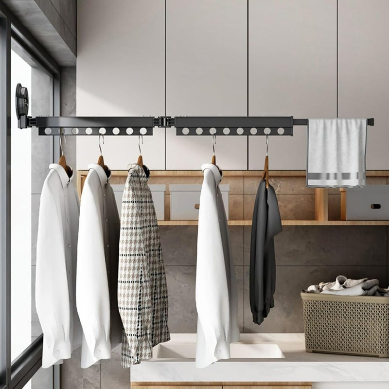 DROZIP Foldable Portable Space Saving Clothes Drying Rack Suction Cup Drying Rack Wall Mounted Clothes RackLaundry Drying Rack with Towel Bar Extendable Clothing Dryer Rack Black - Image 1