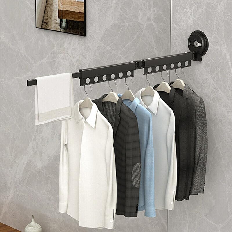 DROZIP Foldable Portable Space Saving Clothes Drying Rack Suction Cup Drying Rack Wall Mounted Clothes RackLaundry Drying Rack with Towel Bar Extendable Clothing Dryer Rack Black - Image 2