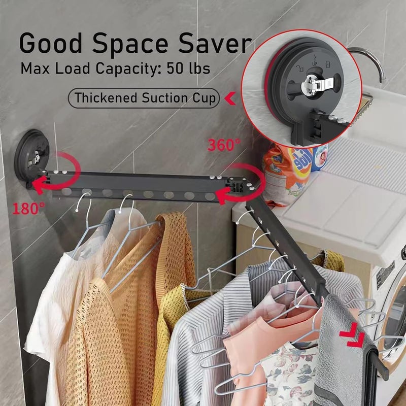 DROZIP Foldable Portable Space Saving Clothes Drying Rack Suction Cup Drying Rack Wall Mounted Clothes RackLaundry Drying Rack with Towel Bar Extendable Clothing Dryer Rack Black - Image 3