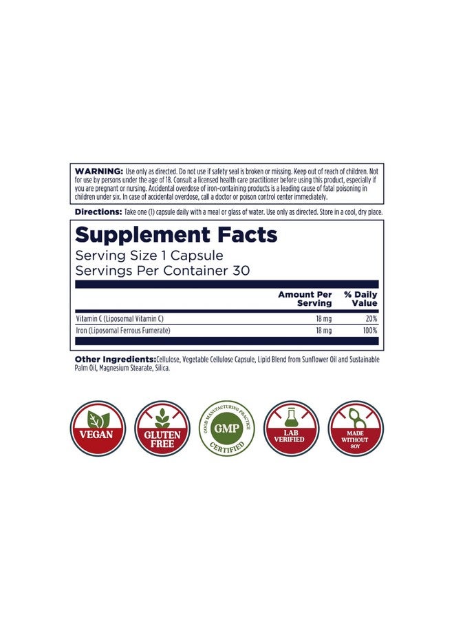 KAL Liposomal Iron Supplement with Liposomal Vitamin C, Iron Supplement for Women and Men, High Absorption, Gentle Iron Pills, Vegan, Gluten Free, 30 Servings, 30 VegCaps - Image 2