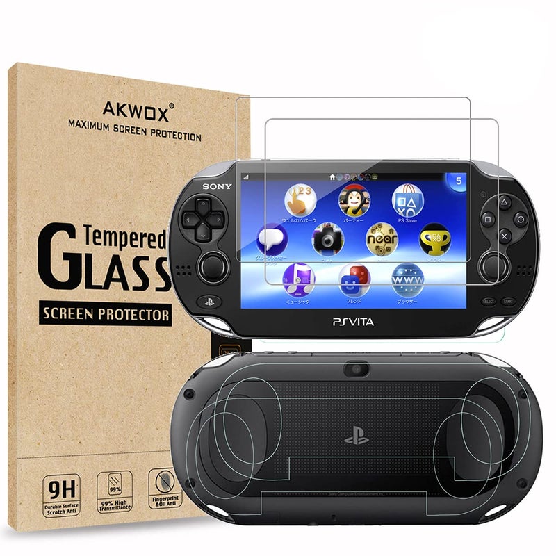 AKWOX (4-Pack) 2 Front+2 Back Covers Screen Protectors for Sony PlayStation Vita 1000, Akwox 9H Tempered Glass Front Screen Protector and HD Clear PET Back Screen Protective Film for PS Vita PSV 1000 - Image 1