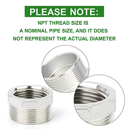 TAISHER 2PCS 304 Stainless Steel Reducer Hex Bushing, 1-1/4" NPT Male x 1" NPT Female, Reducing Pipe Adapter Fitting - Image 4