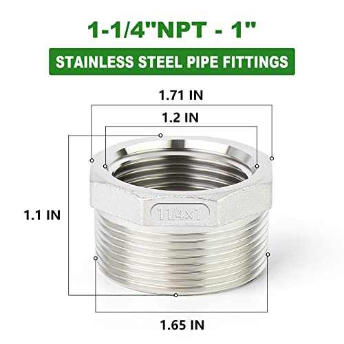 TAISHER 2PCS 304 Stainless Steel Reducer Hex Bushing, 1-1/4" NPT Male x 1" NPT Female, Reducing Pipe Adapter Fitting - Image 2
