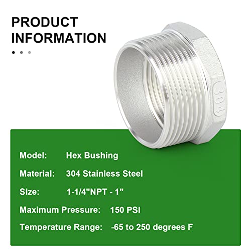 TAISHER 2PCS 304 Stainless Steel Reducer Hex Bushing, 1-1/4" NPT Male x 1" NPT Female, Reducing Pipe Adapter Fitting - Image 3