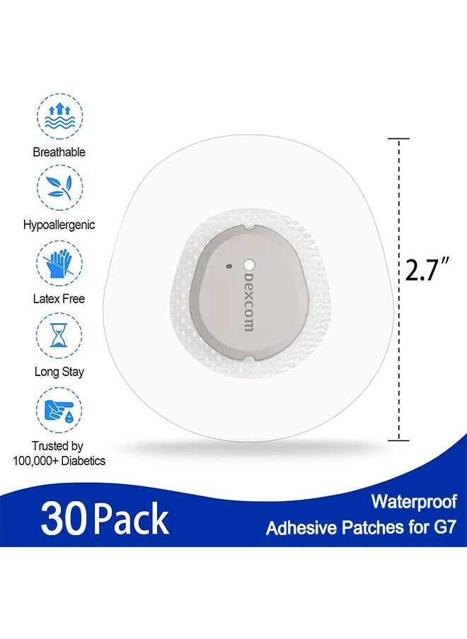 30Pcs Dexcom G7 Adhesive Patches, Waterproof G7 Overpatches Sensor Covers with Hole, Transparent CGM Protection Tape 10 Days Long Stay Latex-Free Breathable Hypoallergenic Sweat-proof