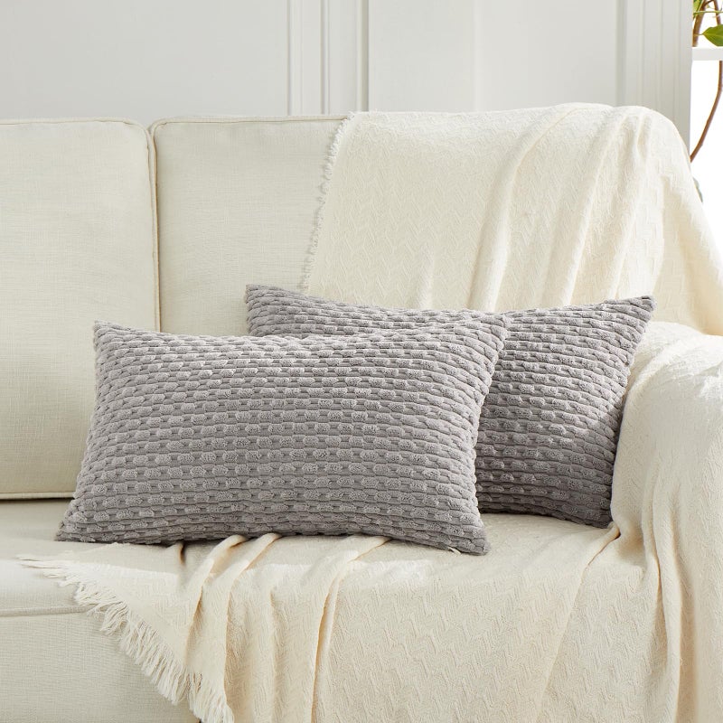 Fancy Homi Set of 2 Boho Grey Lumbar Decorative Throw Pillow Covers 12x20 Inch for Couch Bed Chair Neutral Farmhouse Home Decor Soft Fluffy Corduroy Rectangle Aesthetic Cushion Case 30x50 cm