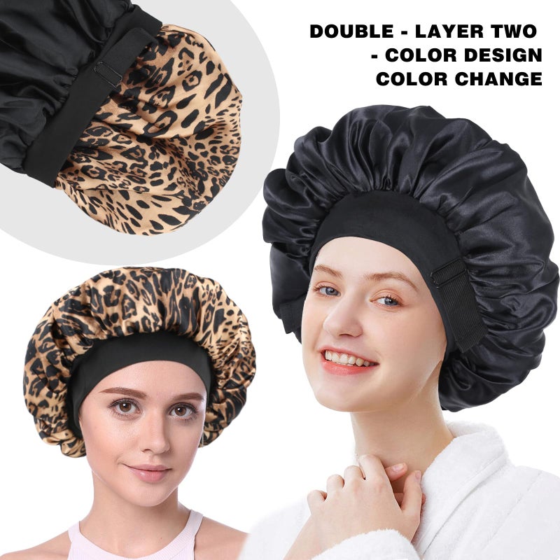 XRACEPHOL Silk Bonnet for Sleeping Double Layer Satin Bonnet Adjustable Bonnets for Black Women Sleep Cap Reversible Hair Bonnet for Curly Hair (Black and Leopard) - Image 5