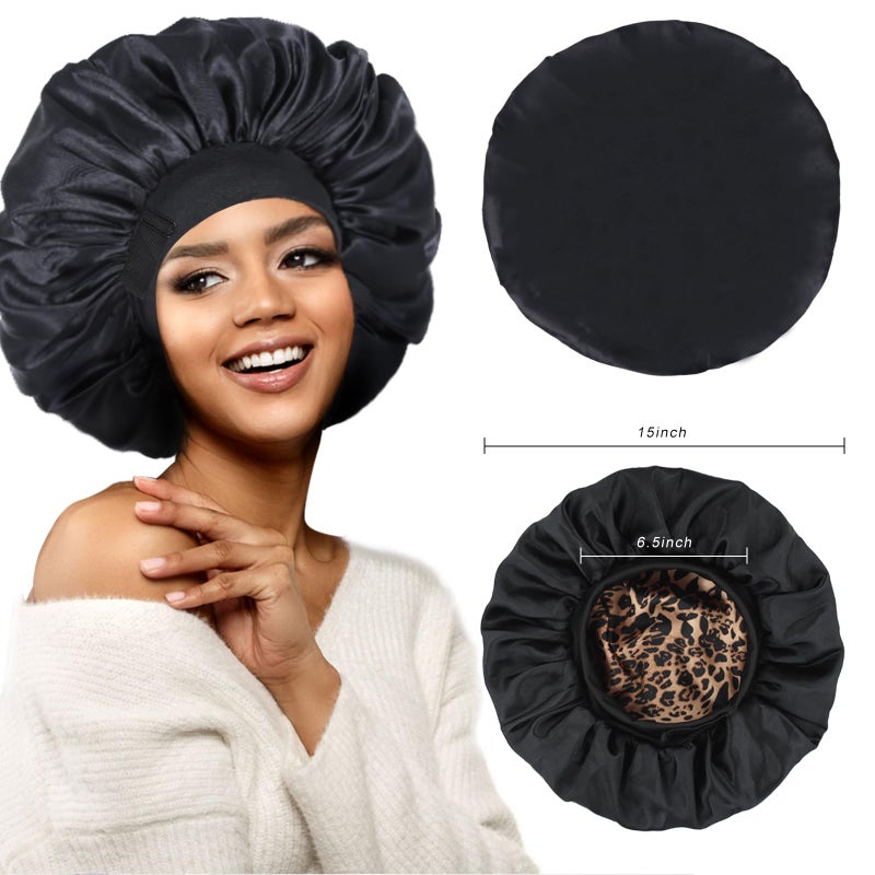 XRACEPHOL Silk Bonnet for Sleeping Double Layer Satin Bonnet Adjustable Bonnets for Black Women Sleep Cap Reversible Hair Bonnet for Curly Hair (Black and Leopard) - Image 4