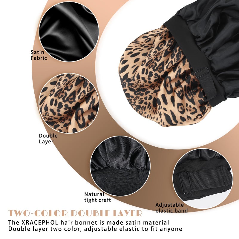XRACEPHOL Silk Bonnet for Sleeping Double Layer Satin Bonnet Adjustable Bonnets for Black Women Sleep Cap Reversible Hair Bonnet for Curly Hair (Black and Leopard) - Image 3