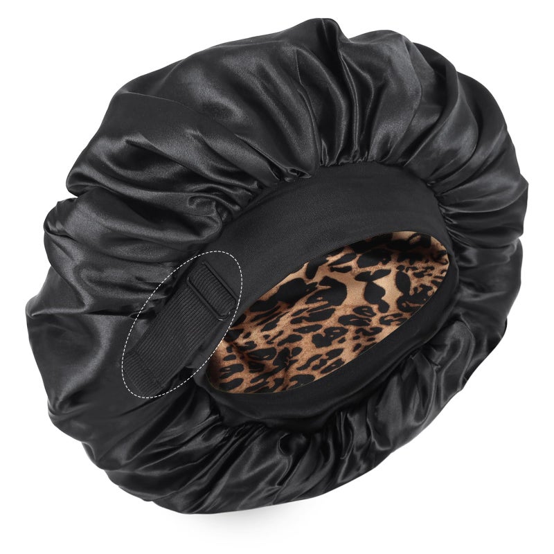 XRACEPHOL Silk Bonnet for Sleeping Double Layer Satin Bonnet Adjustable Bonnets for Black Women Sleep Cap Reversible Hair Bonnet for Curly Hair (Black and Leopard) - Image 1