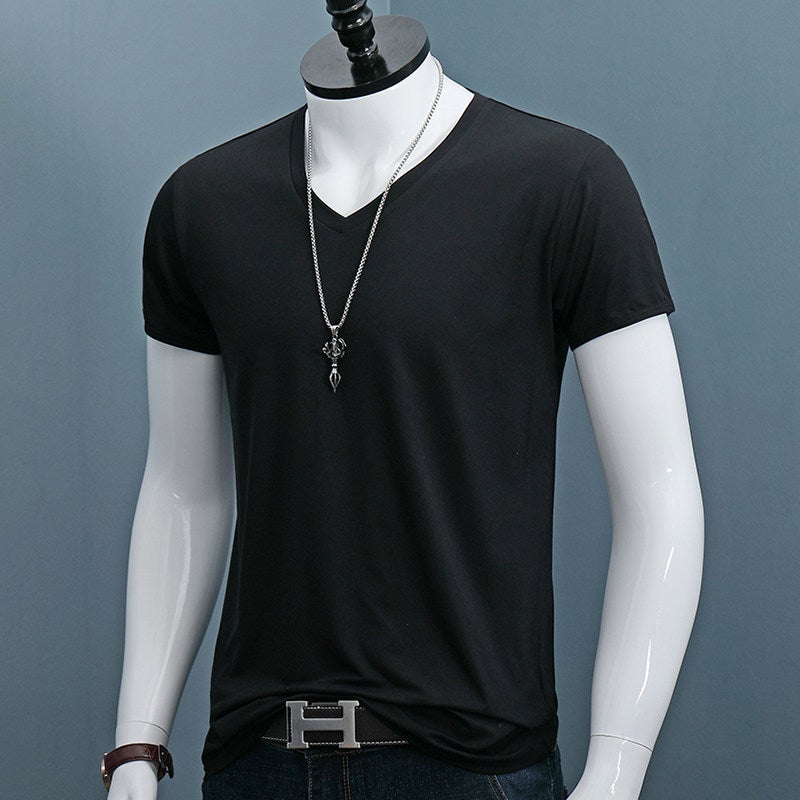 Modal short-sleeved T-shirt men's ultra-light thin slim fit plus-size youth solid color V-neck T-shirt trendy top - Image 1