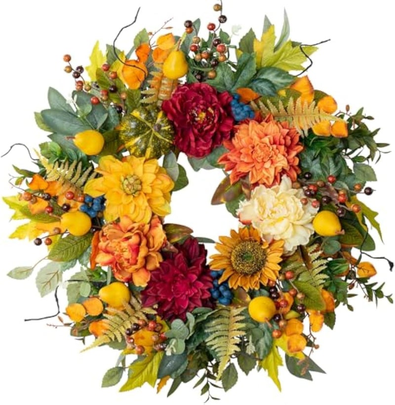 Fall Wreaths for Front Door Autumn Harvest Wreath with Sunflower Pumpkin Peony Dahlia Pear Blueberries Eucalyptus and Maple Leaves - Image 1